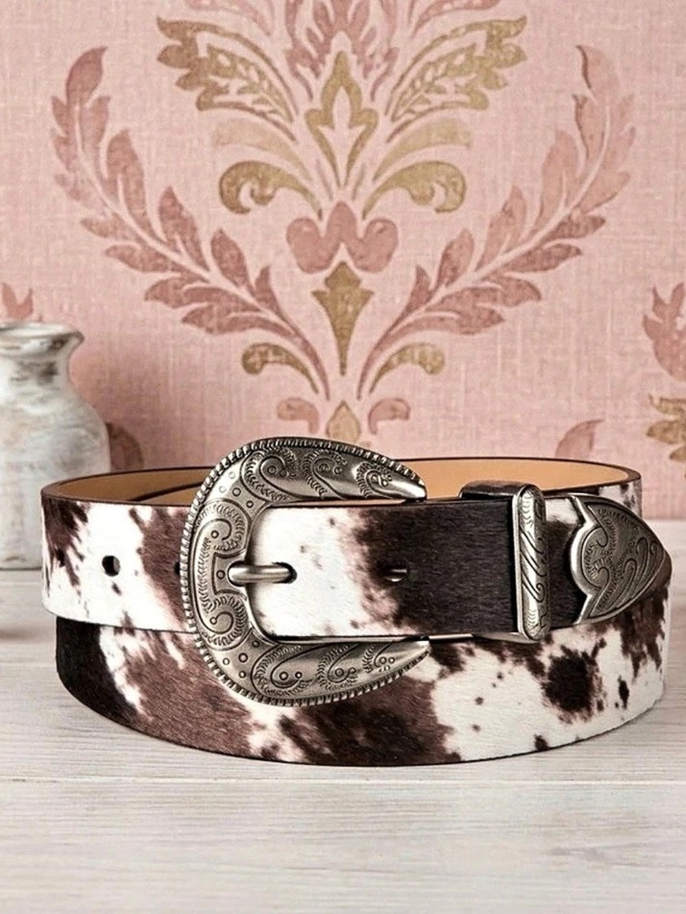Jessica Simpson Cow Print Belt with Engraved Buckle